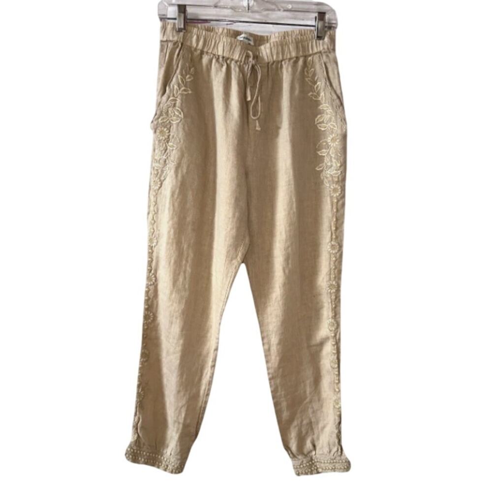 JOHNNY WAS Size XS Floral Embroidered 100% Linen Tapered Jogger Pants Tan Brown